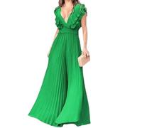 EEJBYTDI Casual Loose Solid Ruffle Pleated Long Wide-Leg Jumpsuit,Women's v Neck Sleeveless Jumpsuit,Sexy pleated jumpsuit (green,XX-Large)
