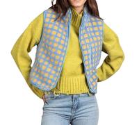 EEJBYTDI Women's Checkered Polar Fleece Vest Sleeveless Cardigan High Collared Zip Up Women's Checkered Sherpa Vest (Large,Sky Blue)