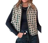 EEJBYTDI Women's Checkered Polar Fleece Vest Sleeveless Cardigan High Collared Zip Up Women's Checkered Sherpa Vest (Large,Dark Green)