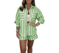 EEJBYTDI Women's Summer Casual Stripe 2-Piece Set,Button-Down Shirt+Shorts Striped Set,Striped Shorts Suit with Pocket (Medium,Green)