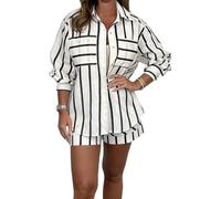 EEJBYTDI Women's Summer Casual Stripe 2-Piece Set,Button-Down Shirt+Shorts Striped Set,Striped Shorts Suit with Pocket (Small,White)