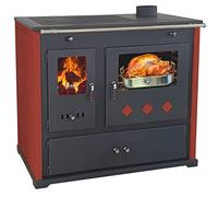 EEK A+ Wood Stove with Baking Compartment and Hob Practik Lux Red Wood Stove 9.5 kW Fireplace Oven Permanent Burning Oven Workshop Oven Swedish Oven Hut Oven Heating Oven