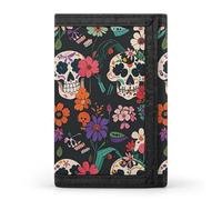 Eekstdbn Day of The Dead Floral Skull Patterns Trifold Wallet, Card Cases And Money Oganizer Thin Stylish Mini Coin Bag with Zipper Coin Pocket Credit for Men And Women