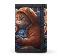 Eekstdbn Fat Cat Playing Games Trifold Wallet, Card Cases And Money Oganizer Thin Stylish Mini Coin Bag with Zipper Coin Pocket Credit for Men And Women
