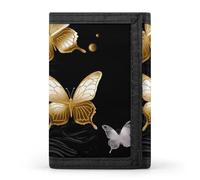 Eekstdbn Gold White Butterflies Black Trifold Wallet, Card Cases And Money Oganizer Thin Stylish Mini Coin Bag with Zipper Coin Pocket Credit for Men And Women