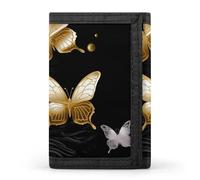 Eekstdbn Gold White Butterflies Black Trifold Wallet, Card Cases And Money Oganizer Thin Stylish Mini Coin Bag with Zipper Coin Pocket Credit for Men And Women