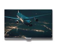 Eekstdbn Plane Flying at Night Business Card Case for Women Or Men Snaps Closed Portable Name Holder Credit Card Holder for Business Meeting Use