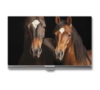Eekstdbn Two Horses Standing on Black Background Business Card Case for Women Or Men Snaps Closed Portable Name Holder Credit Card Holder for Business Meeting Use