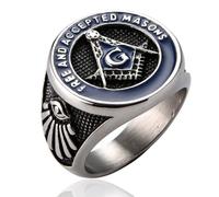EENSYWEENSY Men’s Stainless Steel Freemason Ring, Vintage Masonic Master Mason Rings, Free and Accepted Masons Signet Band, Stainless Steel Enamel, No Gemstone