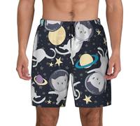 eeprty Fun Cat Astronaut Short Swim Trunks with Waist Rope and Two Side Pockets Beach Shorts Bathing Suits for Men Black