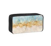 eeprty Golden Strokes Printed on a Beige Blue-Green Background Printed Canvas-Style Pen Case, Roomy Zippered Pouch with Handle for Daily School Office Art