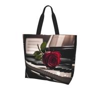 eeprty Red Rose On Piano Large Tote Bag For Women, Durable Shoulder Bag With All-Over Print, Reusable Shopping Handbag For Work Travel