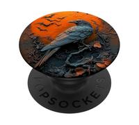 Eerie Raven Crow Perched Bats Orange Moon Halloween Gothic PopSockets Adhesive PopGrip