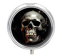 Eerie Scary Skull Pill Box Case 3 Compartment Travel Medicine Pill Organizer 3x A Day Portable Vitamin Organizer with Mirror Small Pillbox for Purse & Pocket Cute Daily Medicine Container Metal Vitami