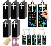 Eersida 100 Pcs Easter Cross Scratch Cards Cross Ornaments DIY Scratch Bookmarks Paper Cards Rainbow Color Craft Kit Scratch Off Paper Religious Party Favors Christian Birthday Gifts Church Decor