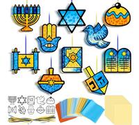 Eersida 32 Pcs Hanukkah DIY Craft Kits, Chanukah Stained Glass Effect Tissue Paper Crafts Star of David Jewish Menorah Hanging Ornaments Suncatchers Craft for Window Classroom Decor Art Activities