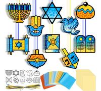 Eersida 32 Pcs Hanukkah DIY Craft Kits, Chanukah Stained Glass Effect Tissue Paper Crafts Star of David Jewish Menorah Hanging Ornaments Suncatchers Craft for Window Classroom Decor Art Activities