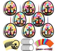 Eersida 32 Sets Easter Egg VBS Religious Cross Suncatchers Craft Kit He is Risen DIY Christian Tissue Paper Sunday School Craft Stained Glass Effect Tissue Paper Kit for Lent Resurrection Window Art