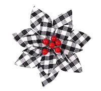 EESLL 6 Pcs 6.6in Christmas Black and White Buffalo Plaid Poinsettia,Artificial Silk Flower Picks,Artificial Christmas Flowers Christmas Tree Ornaments with Red Berries