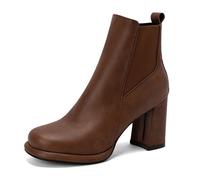 Eestfy Bottines Femme Chelsea En Cuir Classiques Talon Épais Semelle Plateforme Confortables Pour Ville Et Tenue Quotidienne,Brown,7 UK
