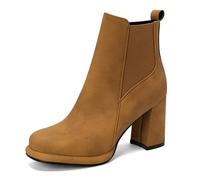 Eestfy Bottines Femme Chelsea En Cuir Classiques Talon Épais Semelle Plateforme Confortables Pour Ville Et Tenue Quotidienne,Tan,7 UK