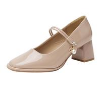 Eestfy Bridal Shoes for Women Pearl Buckle Strap Mary Janes for Wedding & Reception Square Toe Block Heel Dressy Pumps Elegant Formal Court Shoes,Nude,4.5 UK
