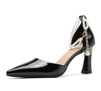 Eestfy Bridal Shoes for Women Pearl Chain Pointed Toe Block Heels for Wedding & Reception Elegant Dress Pumps Patent Leather Bridesmaid High Heels,Black,5 UK