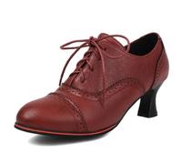 Eestfy Chaussures Oxford Style Victorien Femme Talon Moyen Bout Rond Lacets Avec Détails Brogue Perforés Cuir PU Pour Usage Quotidien Et Bureau,Red,5 UK