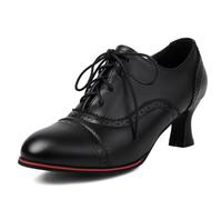 Eestfy Chaussures Oxford Style Victorien Femme Talon Moyen Bout Rond Lacets Avec Détails Brogue Perforés Cuir PU Pour Usage Quotidien Et Bureau,Black,4.5 UK