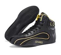 Eestfy Men Women High-Top Wrestling Shoes, Lightweight Training Sneakers, Leather Mesh Upper, White Black Gold, Non-Slip Court Rubber, Combat & Sparring Footwear,Black,9 UK