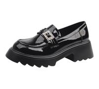 Eestfy Patent Leather Platform Loafers for Women, Black Chunky Lug Sole Slip-On Shoes with Crystal Buckle Detail, British Style Casual Dress Shoes for Office & Street,Black Thick,6 UK