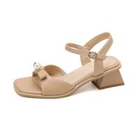 Eestfy Women Pearl Bow Block Heel Sandals Ankle Strap | square open toe,buckle closure,4cm low heel,summer casual