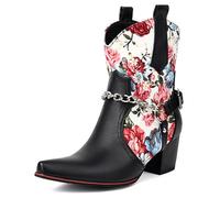 Eestfy Women Western Ankle Boots Embroidered Flower Cowboy Boots Side Zip Pointed Toe Block Heel Chain Detail for Casual Outing & Evening Wear,White,6 UK