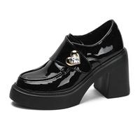 Eestfy Women's 10CM Height Increasing Shoes Chunky Block Heel Pointed Toe Platform Loafers for Daily Commute & Social Event Breathable PU Lining Non-Slip Rubber Sole,Black,6.5 UK