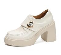 Eestfy Women's 10CM Height Increasing Shoes Chunky Block Heel Pointed Toe Platform Loafers for Daily Commute & Social Event Breathable PU Lining Non-Slip Rubber Sole,White,2 UK