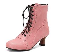 Eestfy Women's Ankle Boots Chunky Block Heel Round Toe Lace-Up Warm Fleece Lined Short Booties for Bridal Wedding Daily Walking Autumn Winter Streetwear,Pink,14 UK