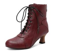 Eestfy Women's Ankle Boots Chunky Block Heel Round Toe Lace-Up Warm Fleece Lined Short Booties for Bridal Wedding Daily Walking Autumn Winter Streetwear,Burgundy,11 UK