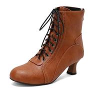 Eestfy Women's Ankle Boots Chunky Block Heel Round Toe Lace-Up Warm Fleece Lined Short Booties for Bridal Wedding Daily Walking Autumn Winter Streetwear,Yellow,7 UK