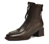 Eestfy Women's Ankle Boots Front Zip Design Mid Block Heel Square Toe Short Fashion Boots for Autumn & Winter Streetwear & Casual Outing,Brown (Thick),3 UK