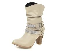 Eestfy Women's Ankle Boots with Rhinestone Straps Studded Buckle Details Block Heel Side Zip Fashion Boots for Party Night Out Daily Wear,Beige,7 UK