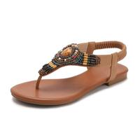 Eestfy Women's Beaded Thong Sandals Wedge Flat Elastic Slingback Gemstone Detail Casual Shoes for Beach & Vacation PU TPR,Apricot,6 UK