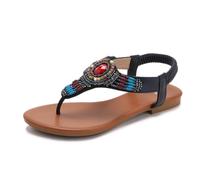 Eestfy Women's Beaded Thong Sandals Wedge Flat Elastic Slingback Gemstone Detail Casual Shoes for Beach & Vacation PU TPR,Royal Blue,7 UK