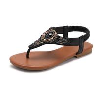 Eestfy Women's Beaded Thong Sandals Wedge Flat Elastic Slingback Gemstone Detail Casual Shoes for Beach & Vacation PU TPR,Black,7 UK