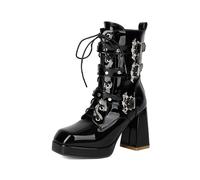 Eestfy Women's Black Platform Combat Boots Lace-Up Chunky Block Heel Triple Buckle Dragon Embellishments Side Zip Street Punk Rock Daily Wear,Black Patent,4.5 UK