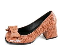 Eestfy Women's Block Heel Pumps Square Toe Bow Accent Slip On Dress Shoes Comfortable Chunky Heel Footwear for Business Casual & Daily Commuting,Caramel,6.5 UK