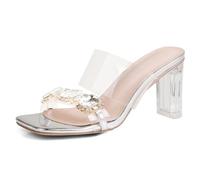 Eestfy Women's Block Heel Sandals Square Toe Patent Leather Rhinestone Strap Slip On Mules Office Work Dress Heels for Business Meetings & Daily Commute,Silver 5CM,8 UK