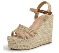 Eestfy Women's Boho Platform Espadrilles Braided Rope Wedge Sandals with Cross Strap Design Open Toe Resort Shoes for Vacation Travel & Outdoor Summer Events,Apricot,4.5 UK