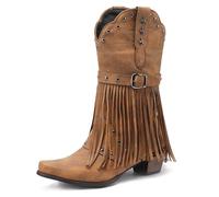 Eestfy Womens Brown Cowboy Boots Western Style with Fringe Studded Star Buckle Strap Block Heel Mid Calf for Rodeo Events,Brown,4.5 UK