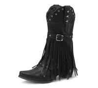 Eestfy Womens Brown Cowboy Boots Western Style with Fringe Studded Star Buckle Strap Block Heel Mid Calf for Rodeo Events,Black,8 UK