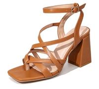 Eestfy Women's Brown Square Toe Block Heel Sandals with Straps | 9cm block heel,criss cross straps,ankle buckle,rubber sole,summer occasion wear